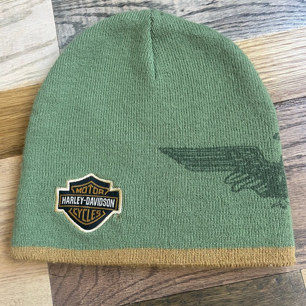 Harley Davidson Green Knit Beanie Hat Eagle Logo Skull Cap Motorcycle Biker